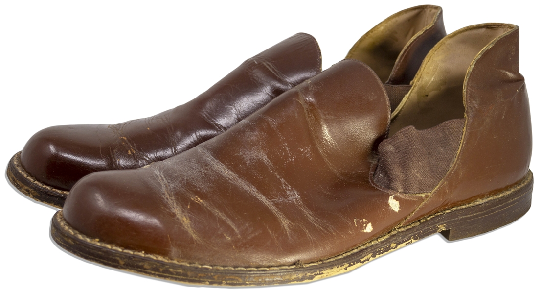 Moe Howard's Shoes, Circa 1960s, Possibly Worn in ''The Three Stooges Meet Hercules'' -- Slip-on Romeo Style Shoes Approx. Size 10 -- Faux-Leather Finish Has Some Chipping & Wear, in Good Condition